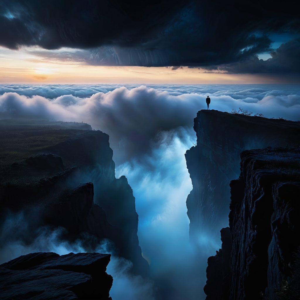 A solitary figure standing on the edge of a vast, dark abyss, gazing into swirling, deep blue shadows interspersed with glimmers of light representing hope. Ethereal wisps of light drift upward, symbolizing rising emotions. The scene is framed by ethereal, foggy landscapes that evoke melancholy, yet feature rays of dawn breaking through, suggesting resilience and optimism. The overall atmosphere blends darkness with vibrant accents of color, creating a contrast between sorrow and hope. super-realistic. vibrant colors. 3D.