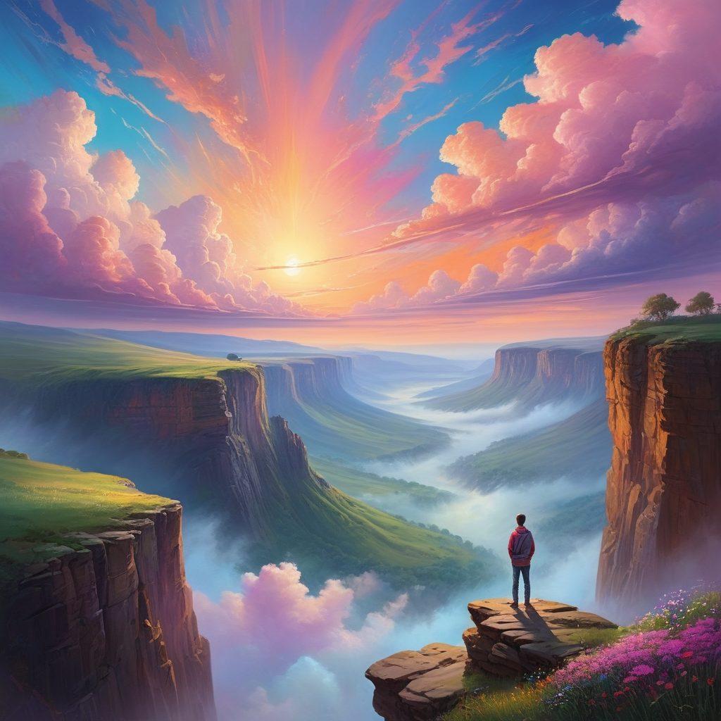 A serene landscape showcasing a person standing on the edge of a vast cliff, gazing at an endless horizon filled with swirling pastel clouds. The figure embodies a sense of reflection and determination, surrounded by soft glowing lights symbolizing hopes and dreams. Below, a lush valley flourishes, representing comfort and support. The colors blend harmoniously to convey tranquility and possibility. painting. vibrant colors.