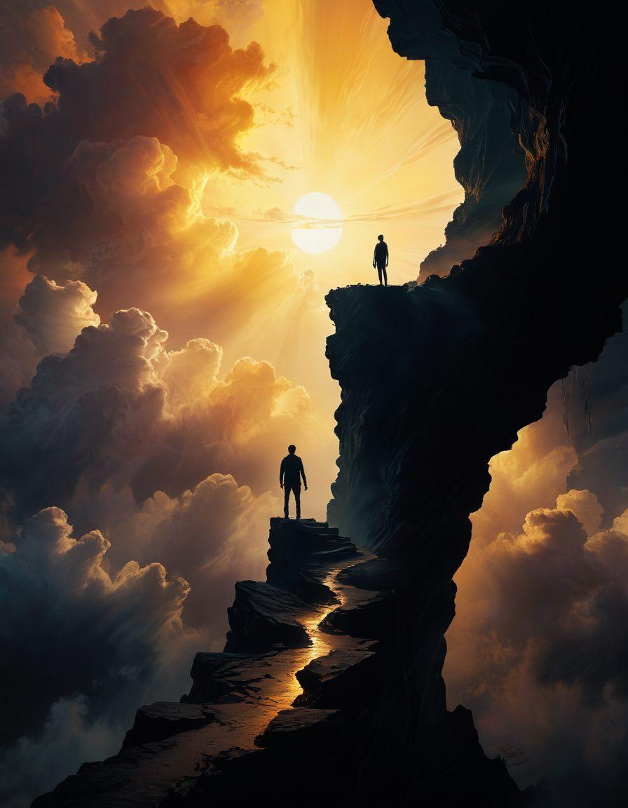 A conceptual illustration depicting a person standing at the edge of a dark abyss, gazing towards a radiant light breaking through the clouds above. The scene contrasts deep shadows with beams of golden light, symbolizing hope and joy emerging from despair. Soft, ethereal forms represent strategies and ideas swirling around the figure, guiding them towards positivity. Vivid colors to emphasize light and dark, with a surreal touch. dreamy, vibrant colors, ethereal style.